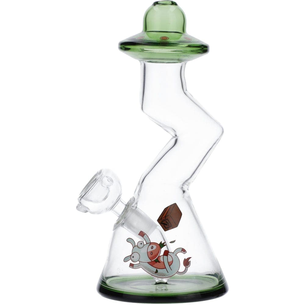 A three-quarter view of the DHC Originals "UFO Abduction" Bong, featuring a green-tinted glass body with detailed artwork depicting an alien scene.