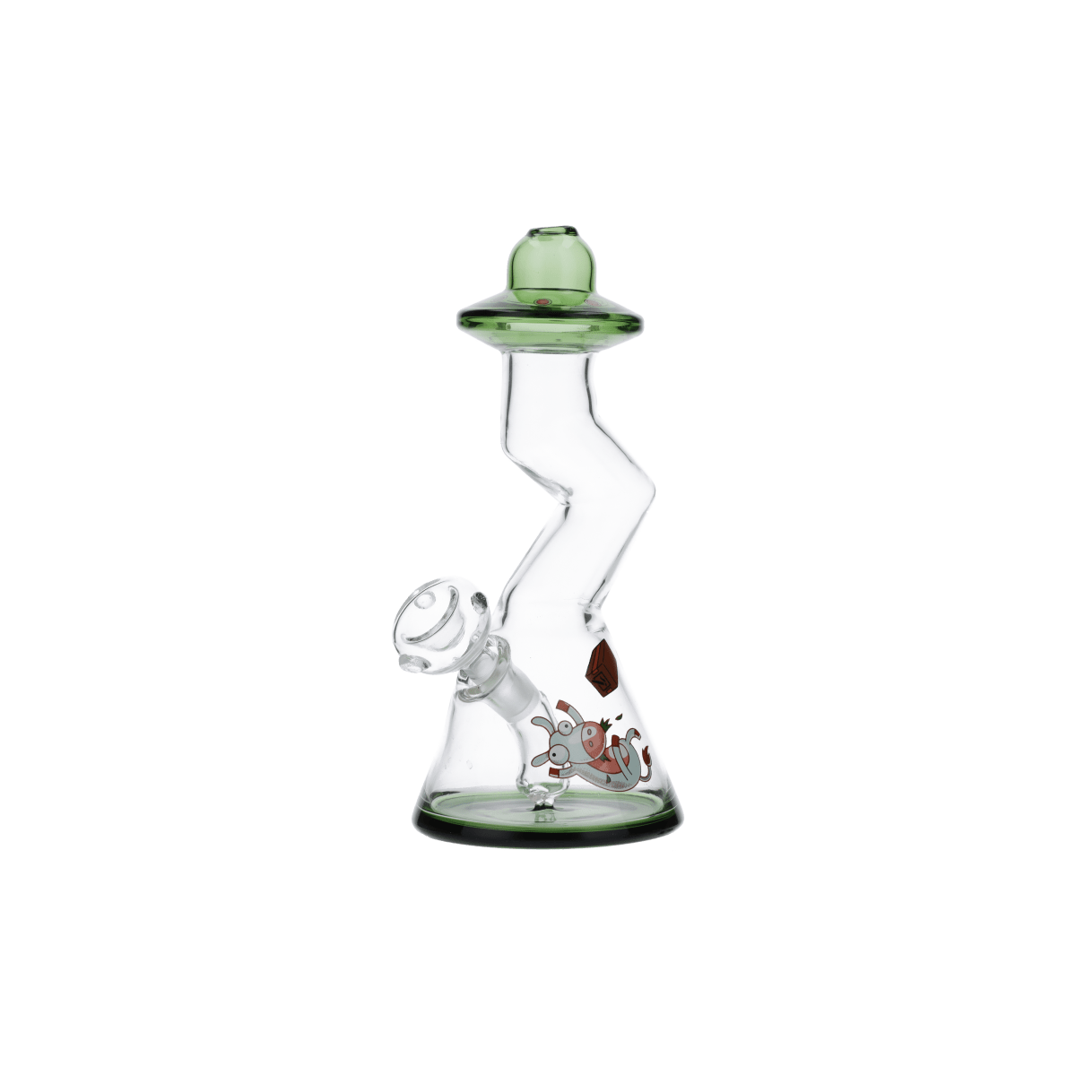 A three-quarter view of the DHC Originals "UFO Abduction" Bong, featuring a green tinted glass with unique curves and a wide base.