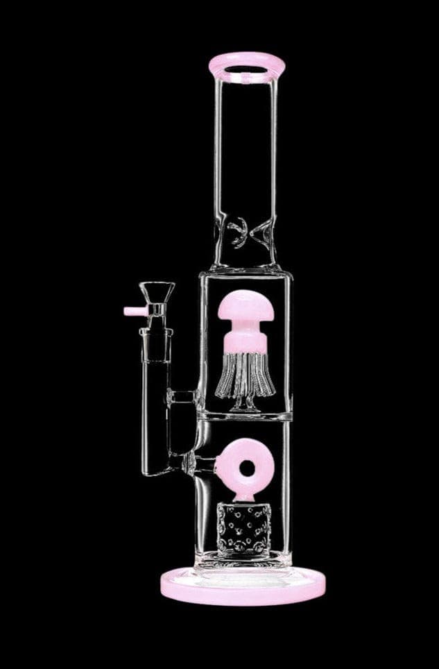 Front view of the Dual Chamber Jellyfish Perc Water Pipe, showcasing its clear glass construction and unique jellyfish-inspired design.