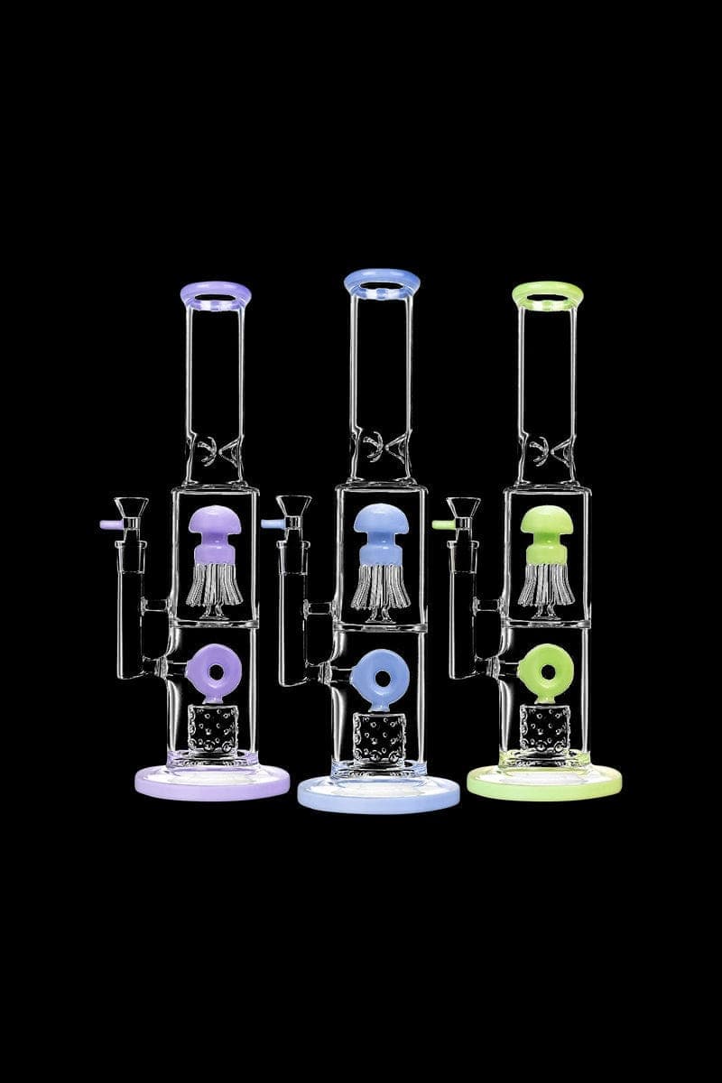 Front view of the Dual Chamber Jellyfish Perc Water Pipe, a clear glass piece with a unique jellyfish-shaped percolator.