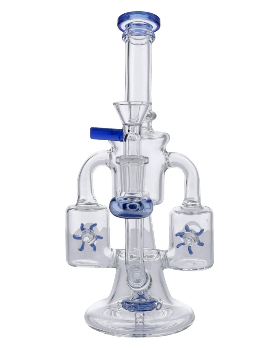 A front view of the Dual Propeller Perc Recycler Bong, showing a clear glass bong with dual propeller percolators and a recycler design.