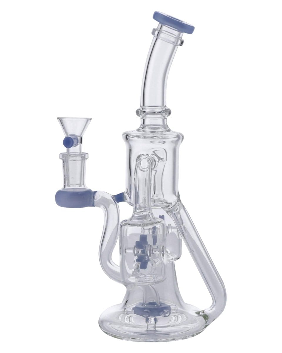 Front view of the Dual Propeller Perc Recycler Bong, showing a clear glass piece with a unique dual-propeller percolator.
