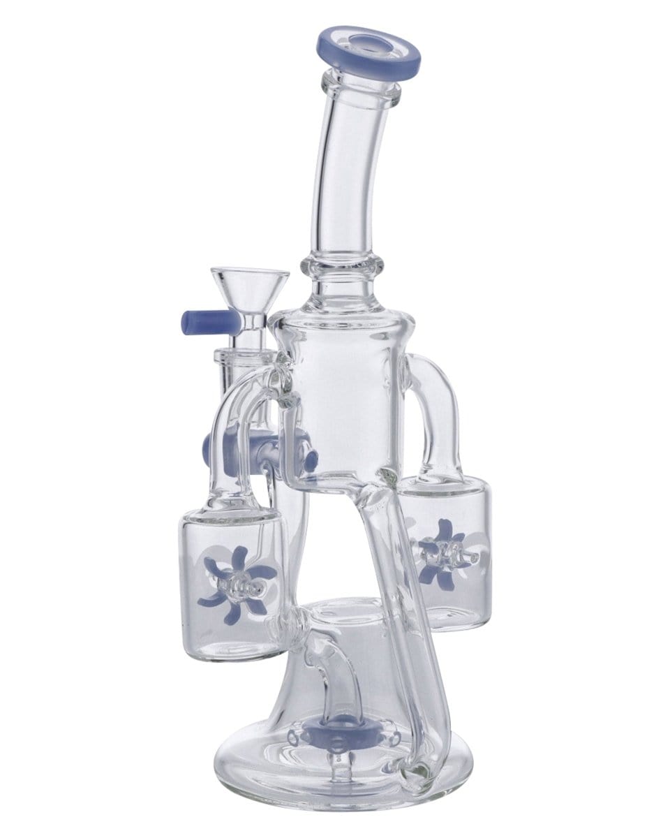 Front view of the Dual Propeller Perc Recycler Bong, showcasing its clear glass construction and unique dual-propeller perc design.