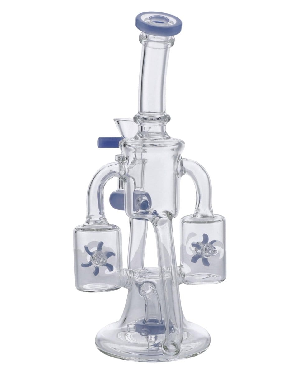 Front view of the Dual Propeller Perc Recycler Bong, showcasing its clear glass construction and unique propeller perc design.