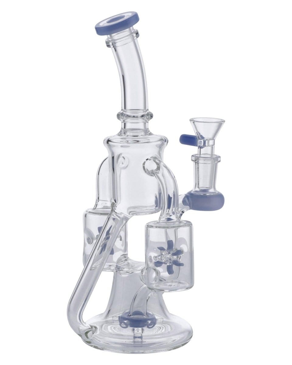 The Dual Propeller Perc Recycler Bong is displayed in a studio shot, showcasing its clear glass and unique dual propeller design.