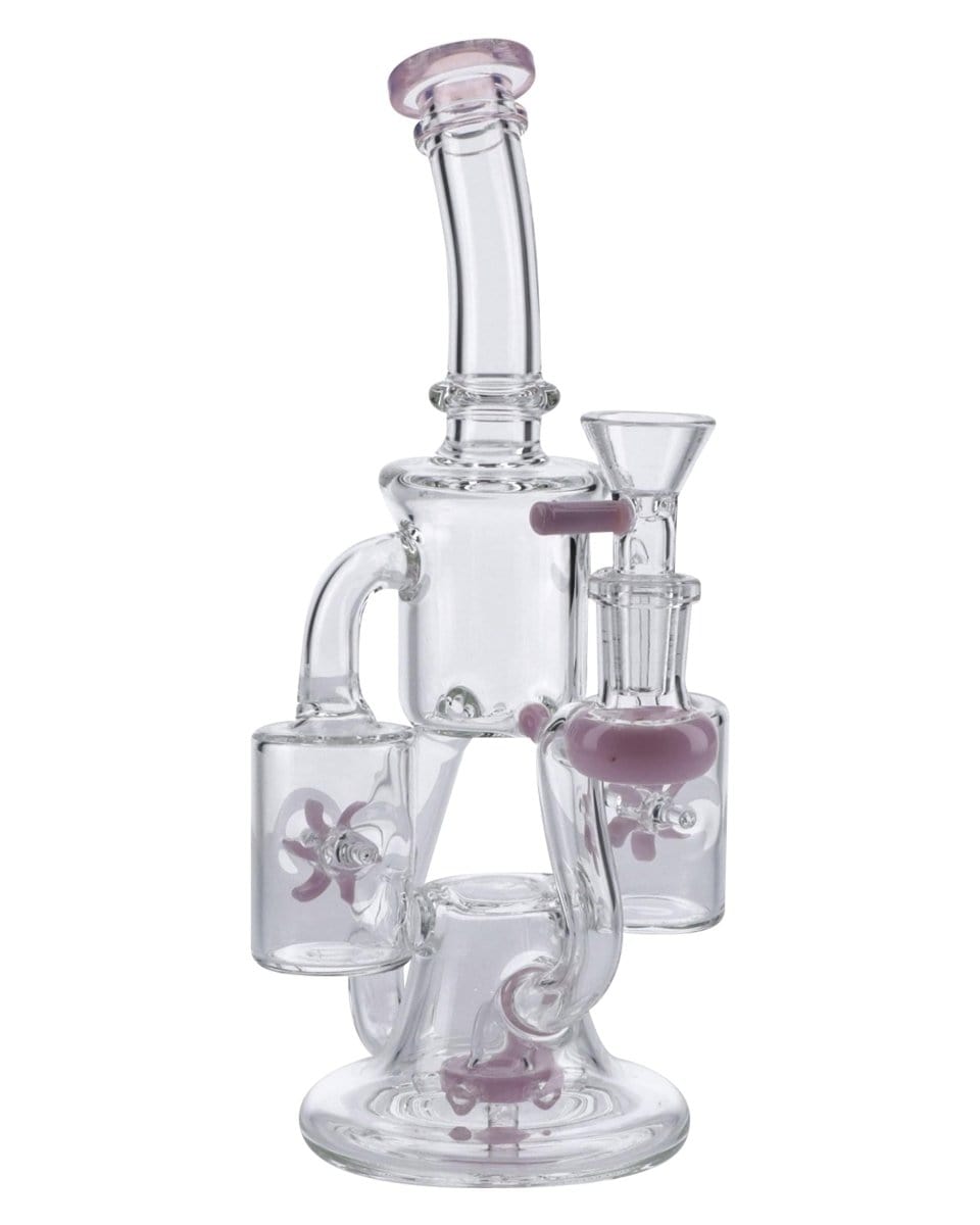 Front view of the Dual Propeller Perc Recycler Bong, showing its clear glass construction and intricate perc design.