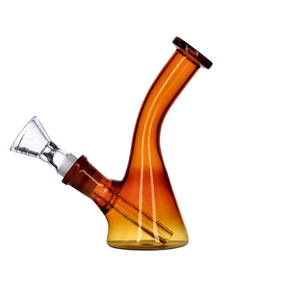 Front view of the Everyday Essentials 5" Bent Neck Beaker Water Pipe, showcasing its curved neck and amber-tinted glass.