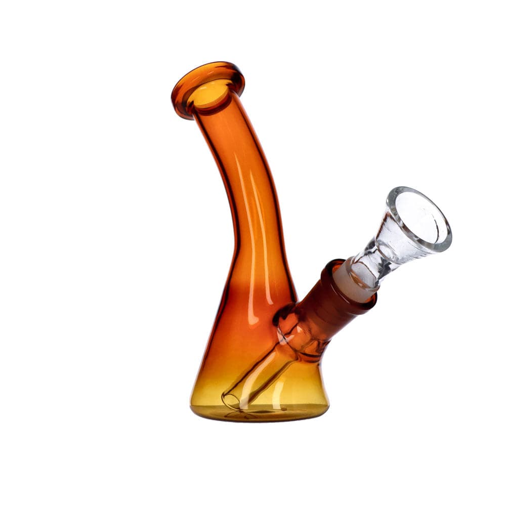 Front view of the 5" bent neck Everyday Essentials beaker water pipe, showcasing its gradient from clear to amber glass.