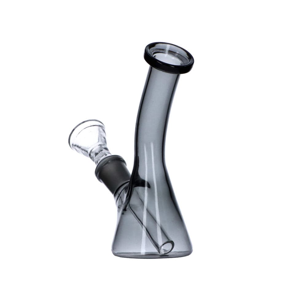 A slightly angled view of the 5" Everyday Essentials Bent Neck Beaker Water Pipe, showcasing its clear glass construction.