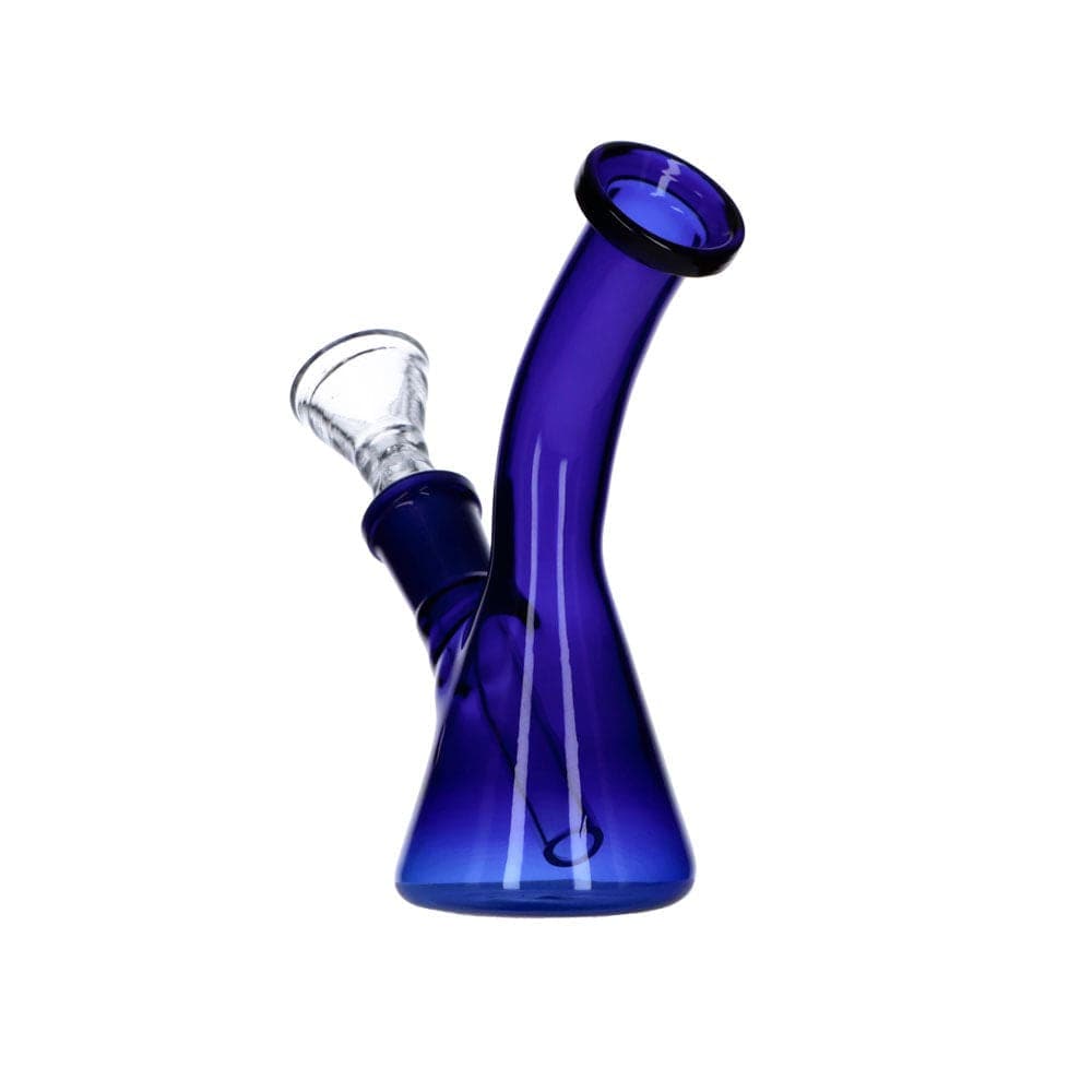 A front view of the 5" Everyday Essentials Bent Neck Beaker Water Pipe, showcasing its blue glass construction.