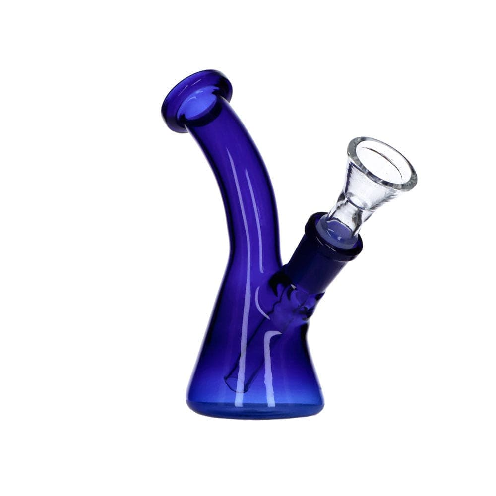Front view of the Everyday Essentials 5" Bent Neck Beaker Water Pipe, showcasing its blue glass construction and curved neck design.