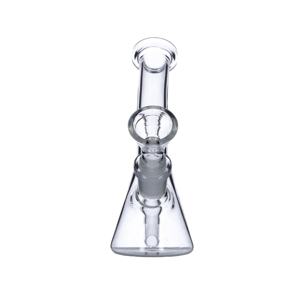 A front view of the Everyday Essentials 5" Bent Neck Beaker Water Pipe, showcasing its clear glass construction.