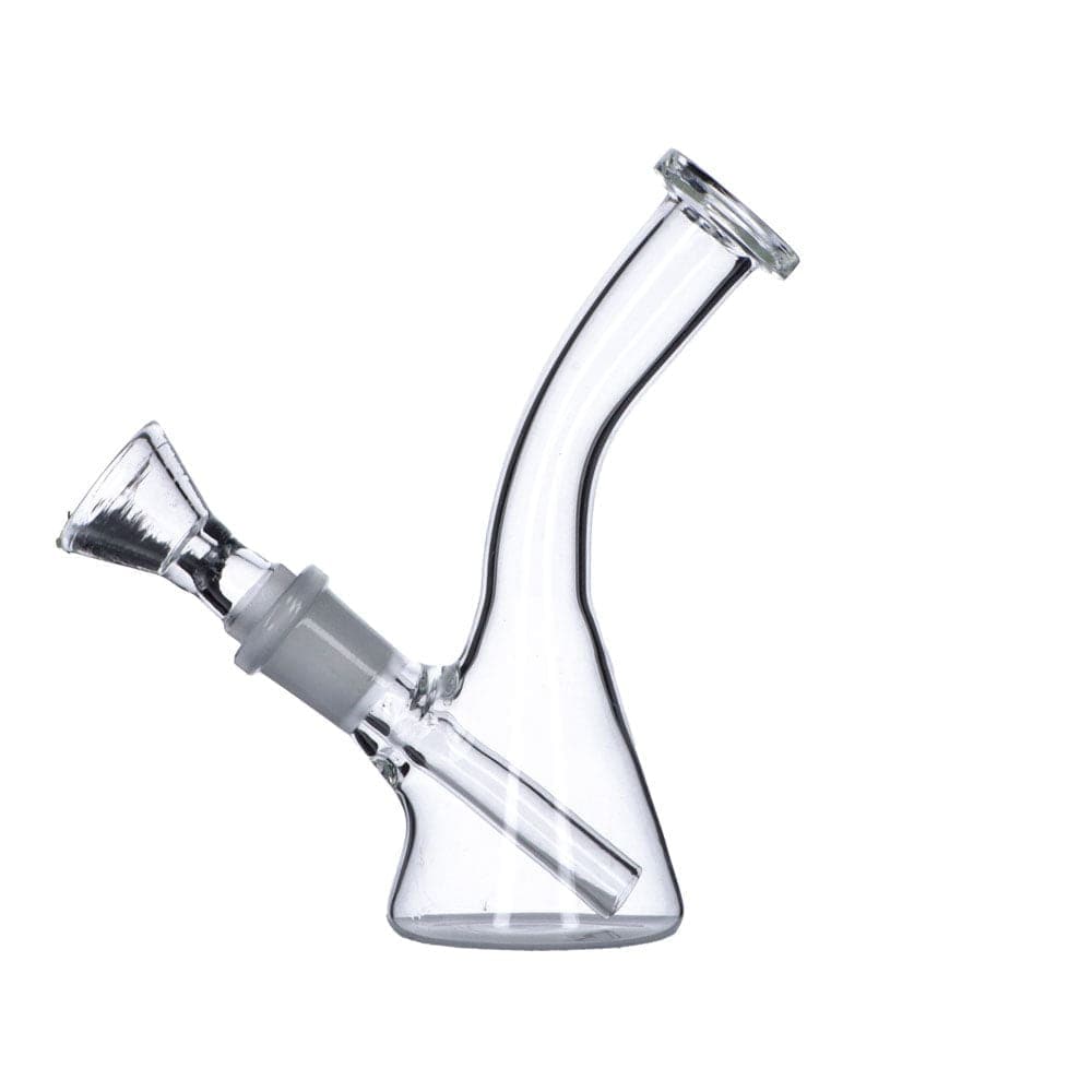 A front view of the Everyday Essentials 5" Bent Neck Beaker Water Pipe, showcasing its clear glass construction and simple bent neck design.