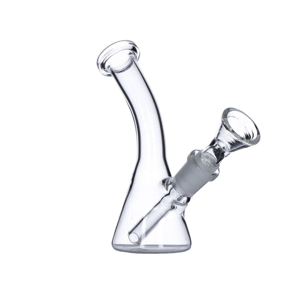 Front view of the 5" Everyday Essentials Bent Neck Beaker Water Pipe, showcasing its clear glass construction.