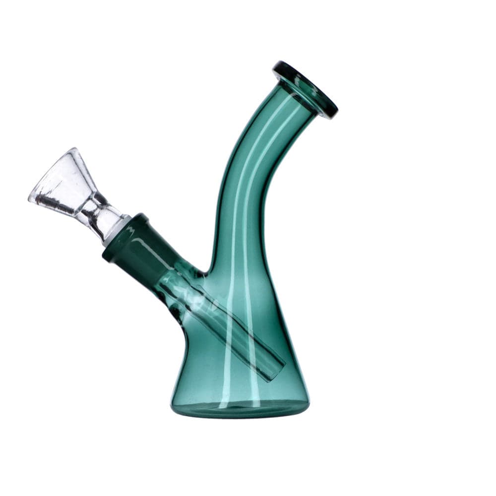 A slightly angled view of the 5" Everyday Essentials Bent Neck Beaker Water Pipe, showcasing its curved neck and clear glass construction.