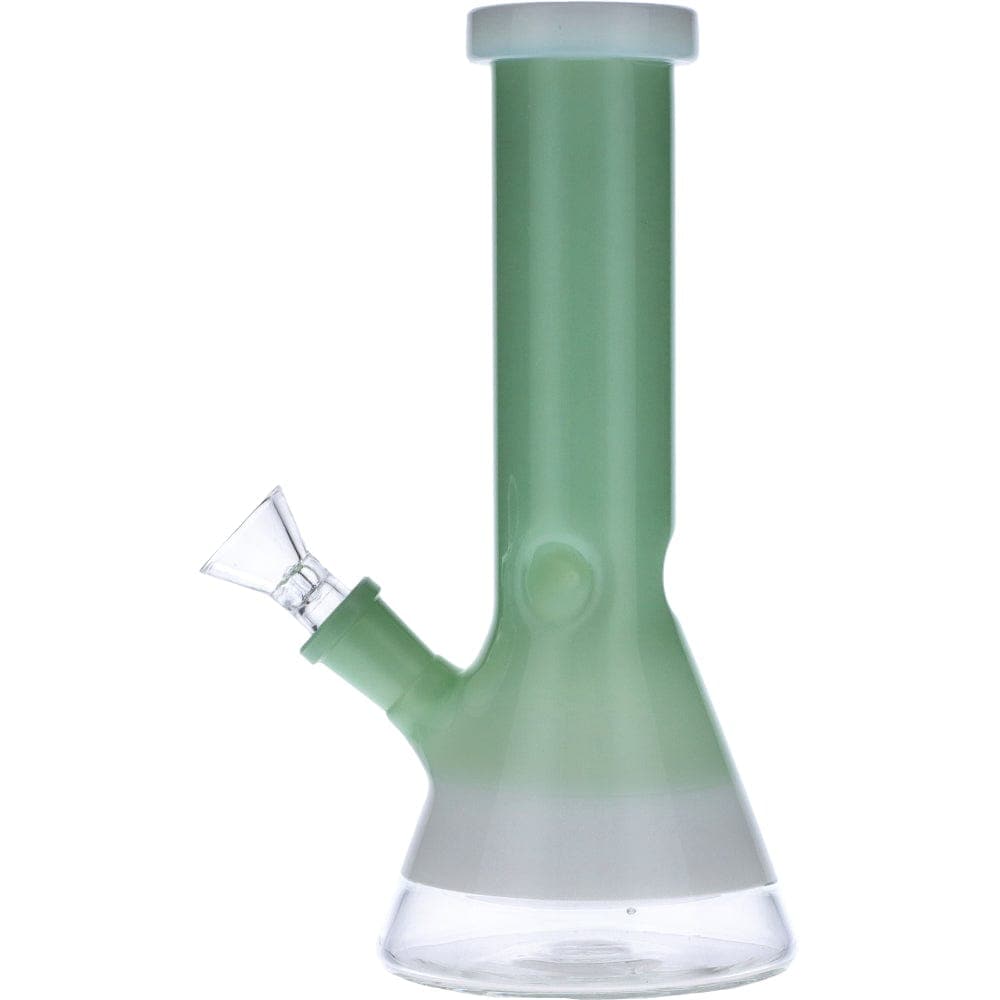 Front view of the Frosted Ring Mini Beaker, a light-green glass piece with a rounded base and simple cylindrical shape.