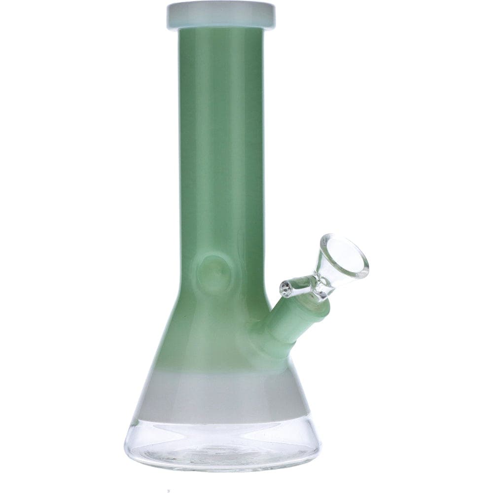 Front view of the Frosted Ring Mini Beaker, a translucent glass piece with a wide base and gently curving neck.