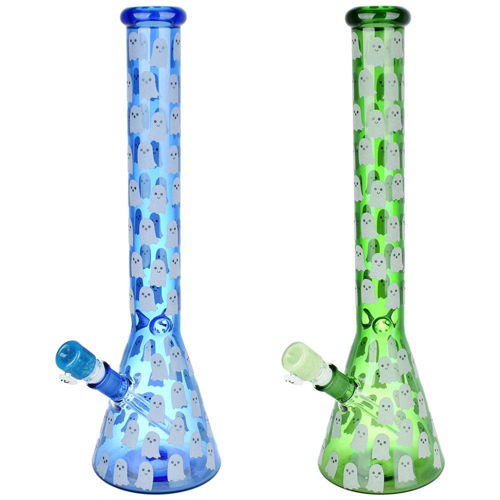 Front view of the 18-inch tall Ghostly Glow Beaker Water Pipe, featuring a translucent design with glowing ghostly patterns.
