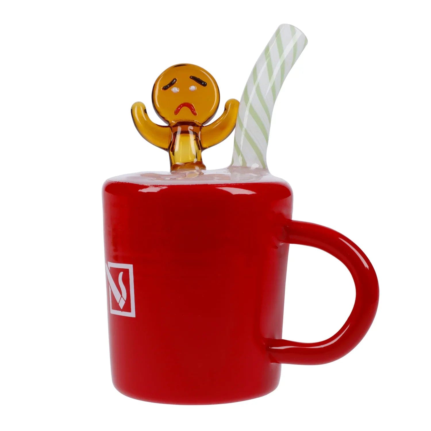 Front view of the Gumdrop Buttons Gingerbread Cup Bong, a red glass piece with a whimsical gingerbread man detail.