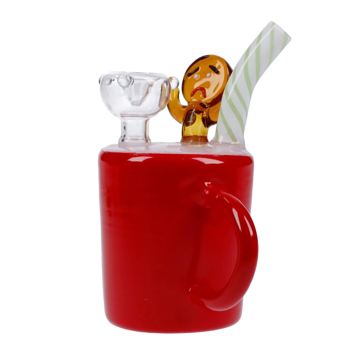 A side view of the Gumdrop Buttons Gingerbread Cup Bong, displaying a sculpted gingerbread man against a vibrant red cup-shaped base.