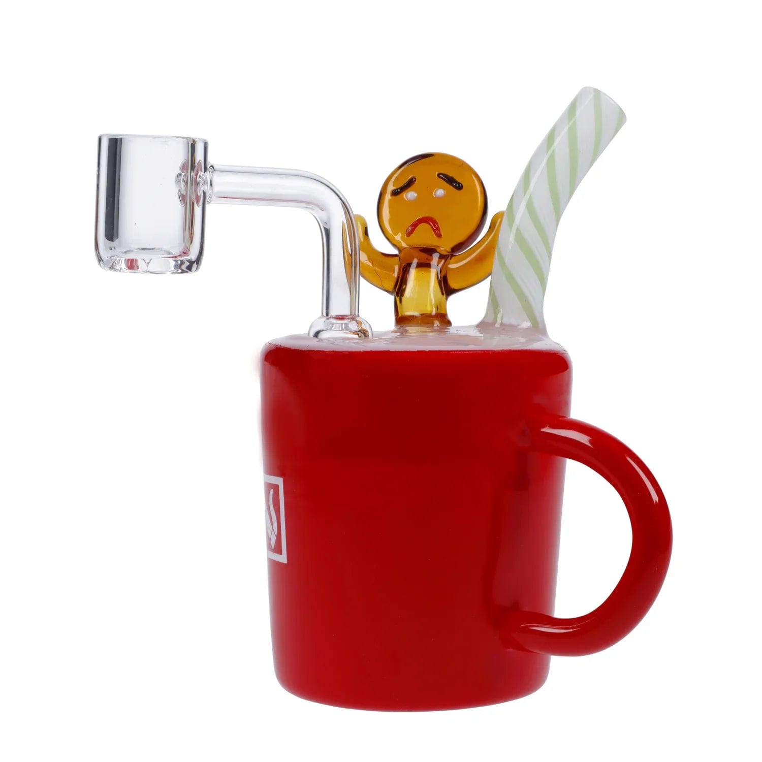 A front view of the Gumdrop Buttons Gingerbread Cup Bong, showcasing a red cup-shaped base with a clear glass neck.