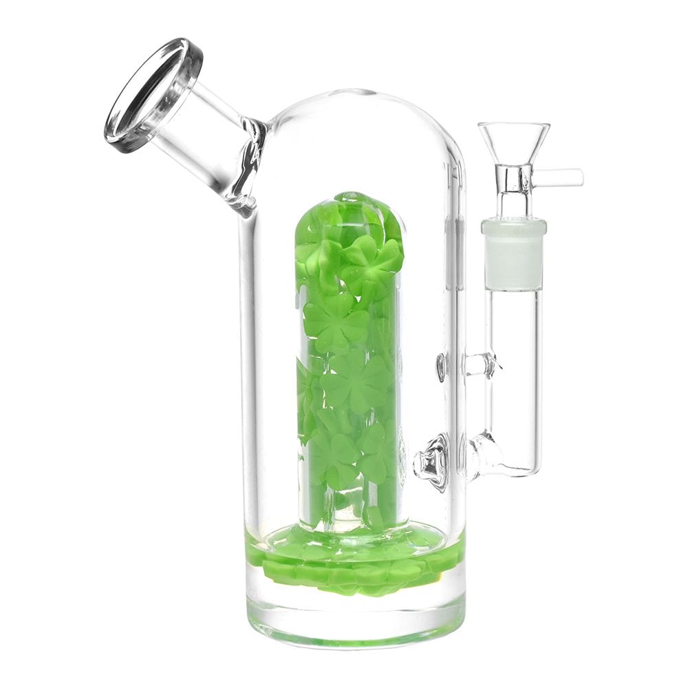 A front view of the Lucky Clover Glass Water Pipe, showcasing a clear glass tube with green accents inside.