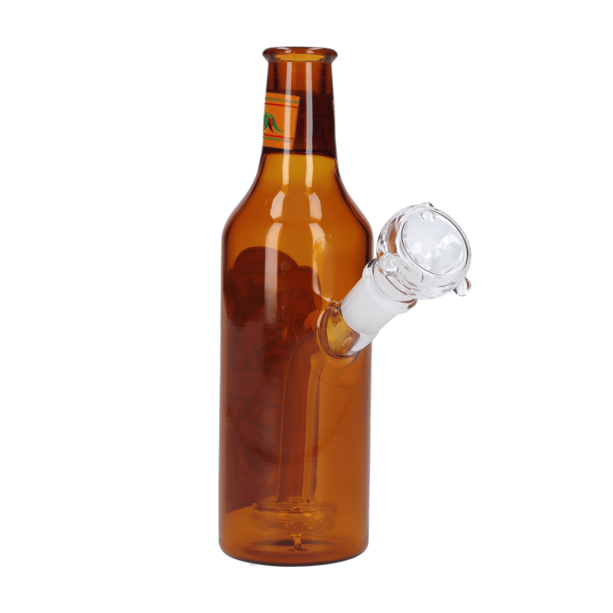 A straight-on view of the DHC Originals May Hot Sauce Bottle, a clear glass container resembling a miniature sauce bottle.