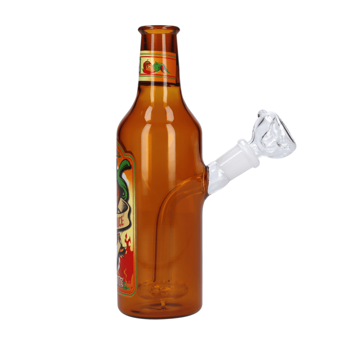 Front view of the DHC Originals May Hot Sauce Bottle, a clear glass bottle with a red label and unique shape.