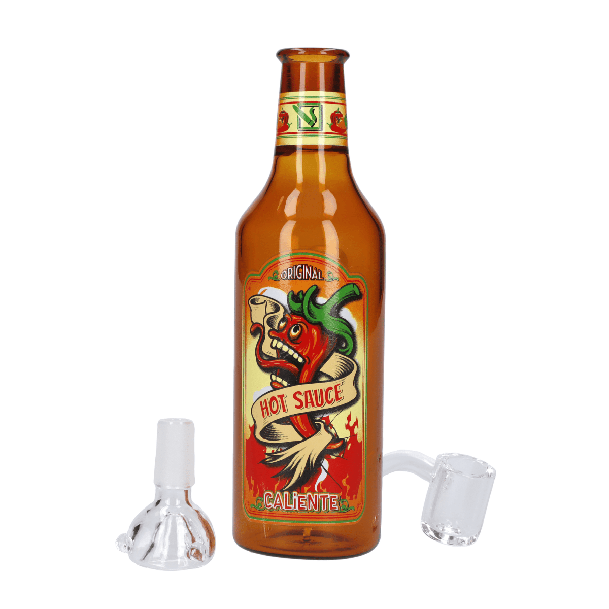Front view of the DHC Originals May Hot Sauce Bottle, featuring a clear glass container with a label and a decorative stopper.