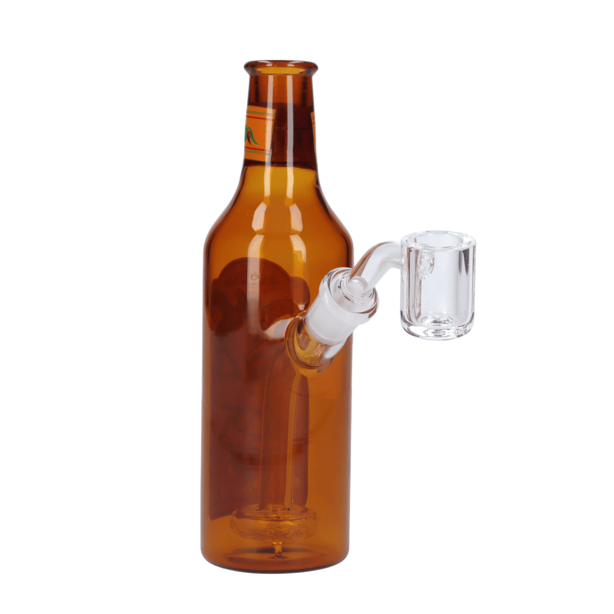 A front view of the DHC Originals May Hot Sauce Bottle, resembling a miniature glass bottle with a narrow neck.