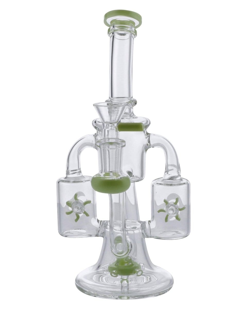 Front view of the Dual Propeller Perc Recycler Bong, showcasing its clear glass construction and unique propeller perc design.