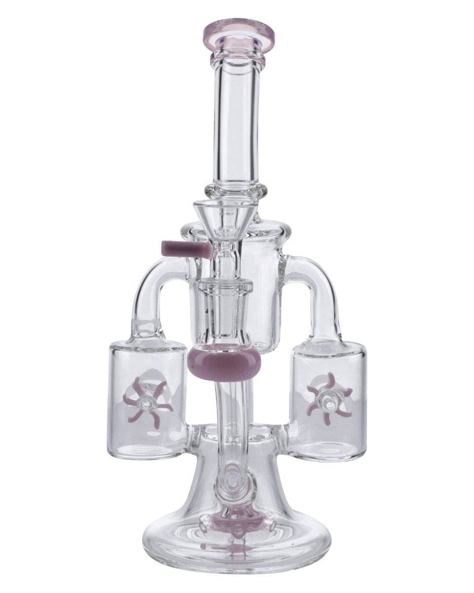 Front view of the Dual Propeller Perc Recycler Bong, showing its clear glass construction and unique dual-propeller perc design.