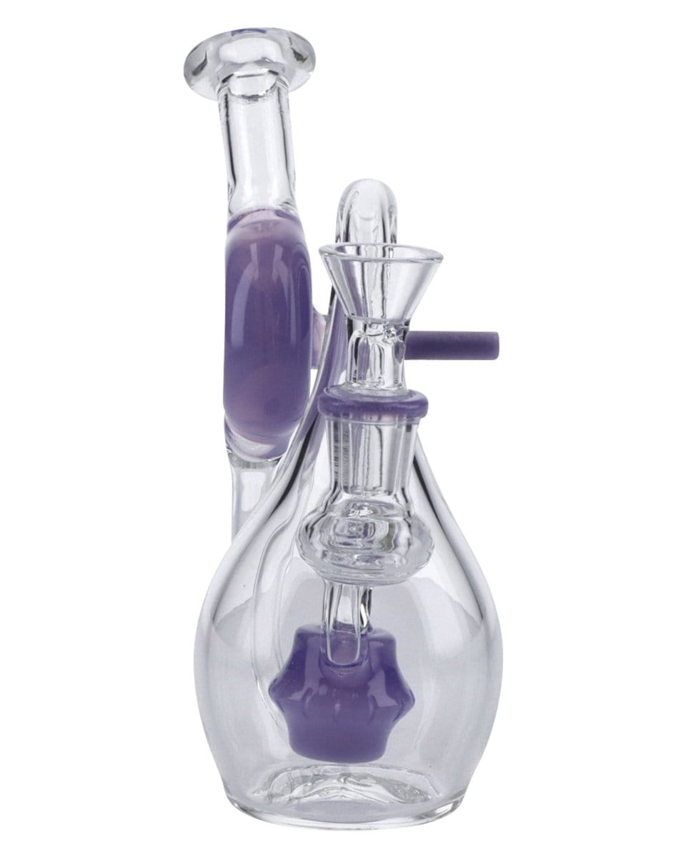 A front view of the 7" Milky Purple Mini Recycler Water Pipe shows a small, purple glass pipe with a rounded base and clear mouthpiece.