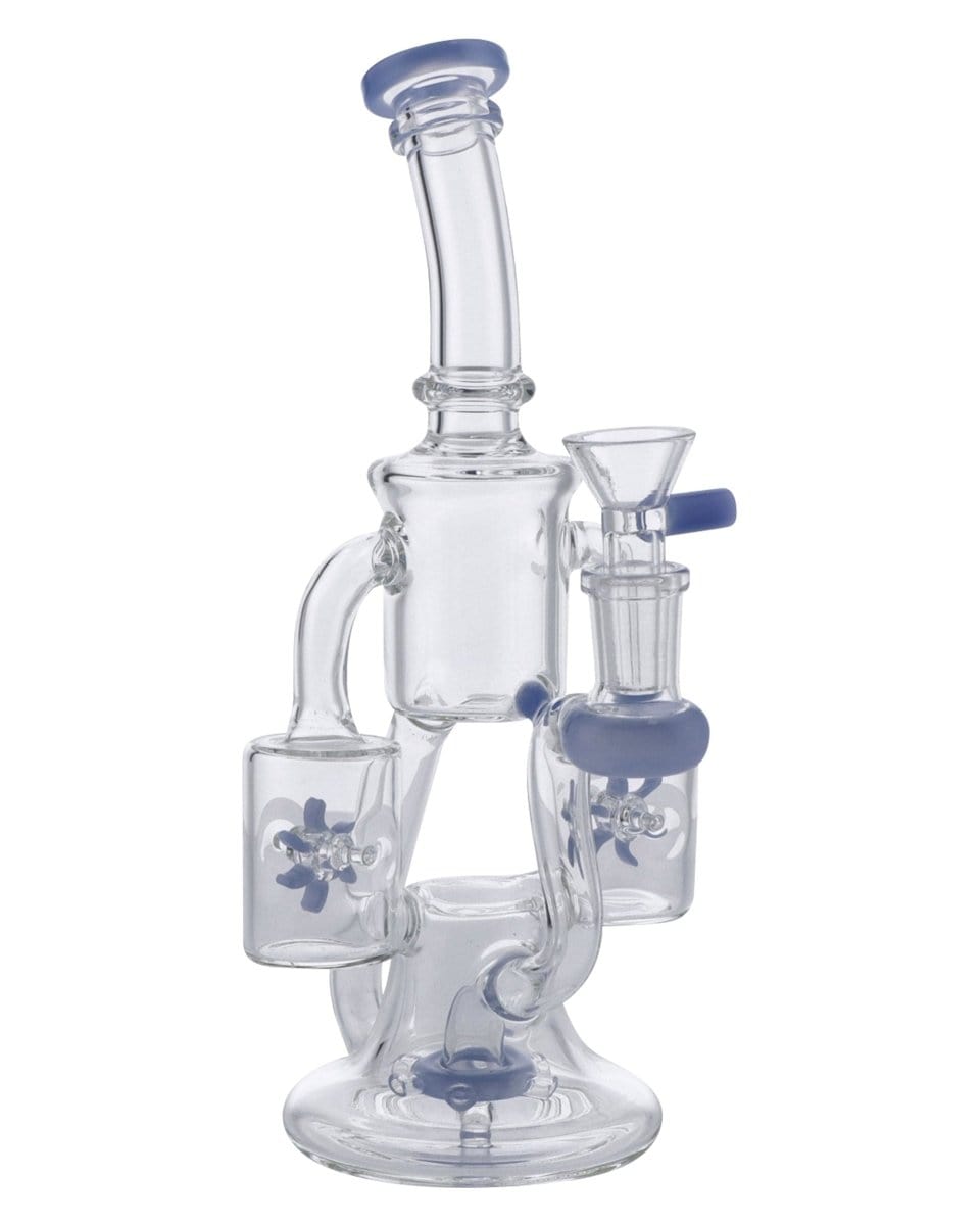 Front view of the Dual Propeller Perc Recycler Bong, showcasing its clear glass construction and unique propeller perc design.