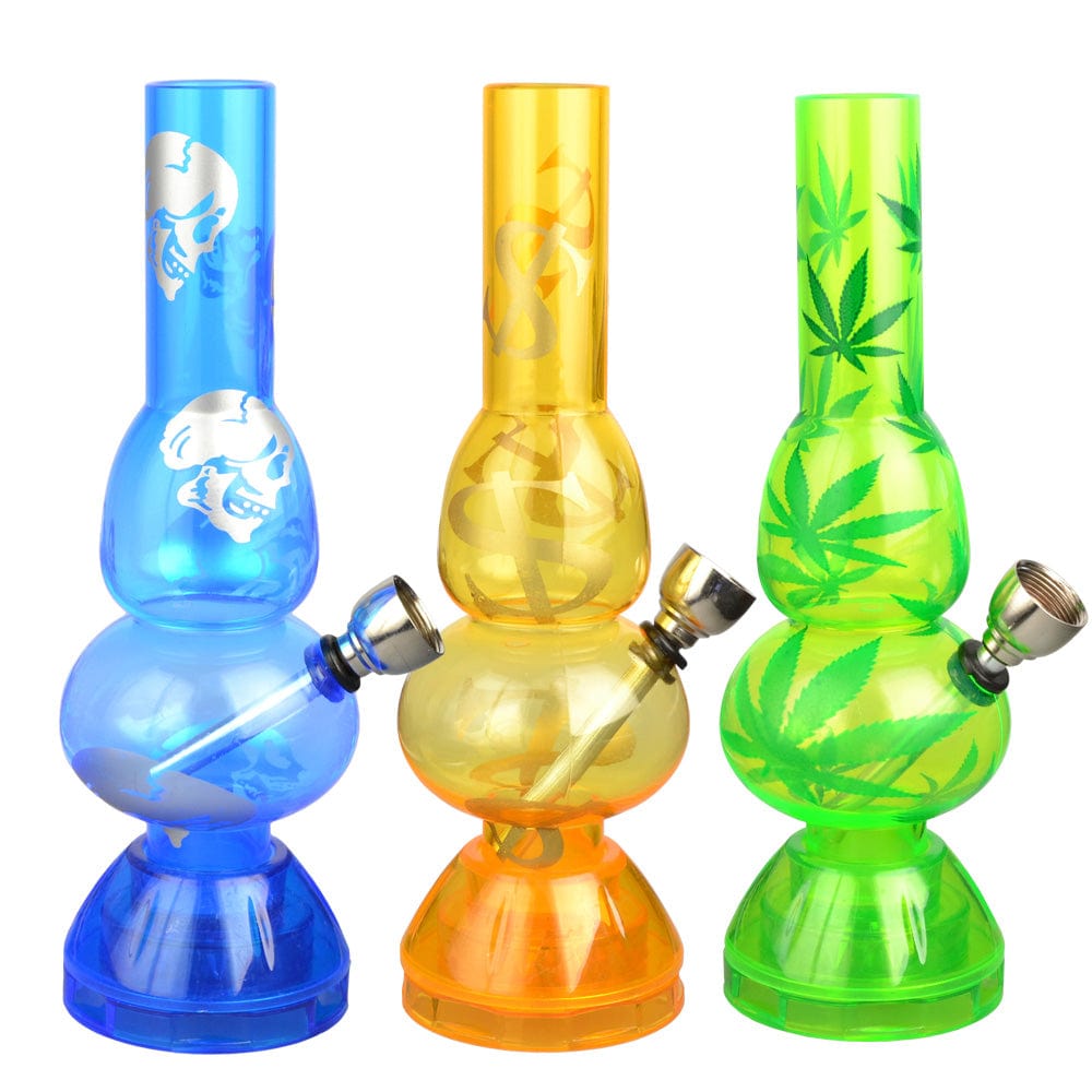 Front view of the Mini Acrylic 2 Bubble Water Pipe w/ Built in Grinder Base, displaying assorted colorful designs against a plain white background.