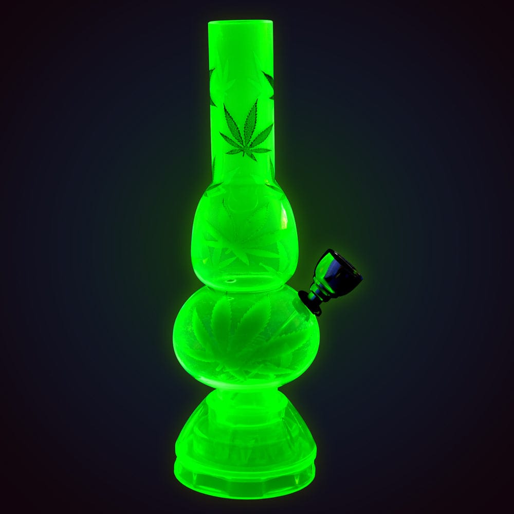 Front view of the Mini Acrylic 2 Bubble Water Pipe w/ Built in Grinder Base, a green, two-bubble pipe angled against a black background.
