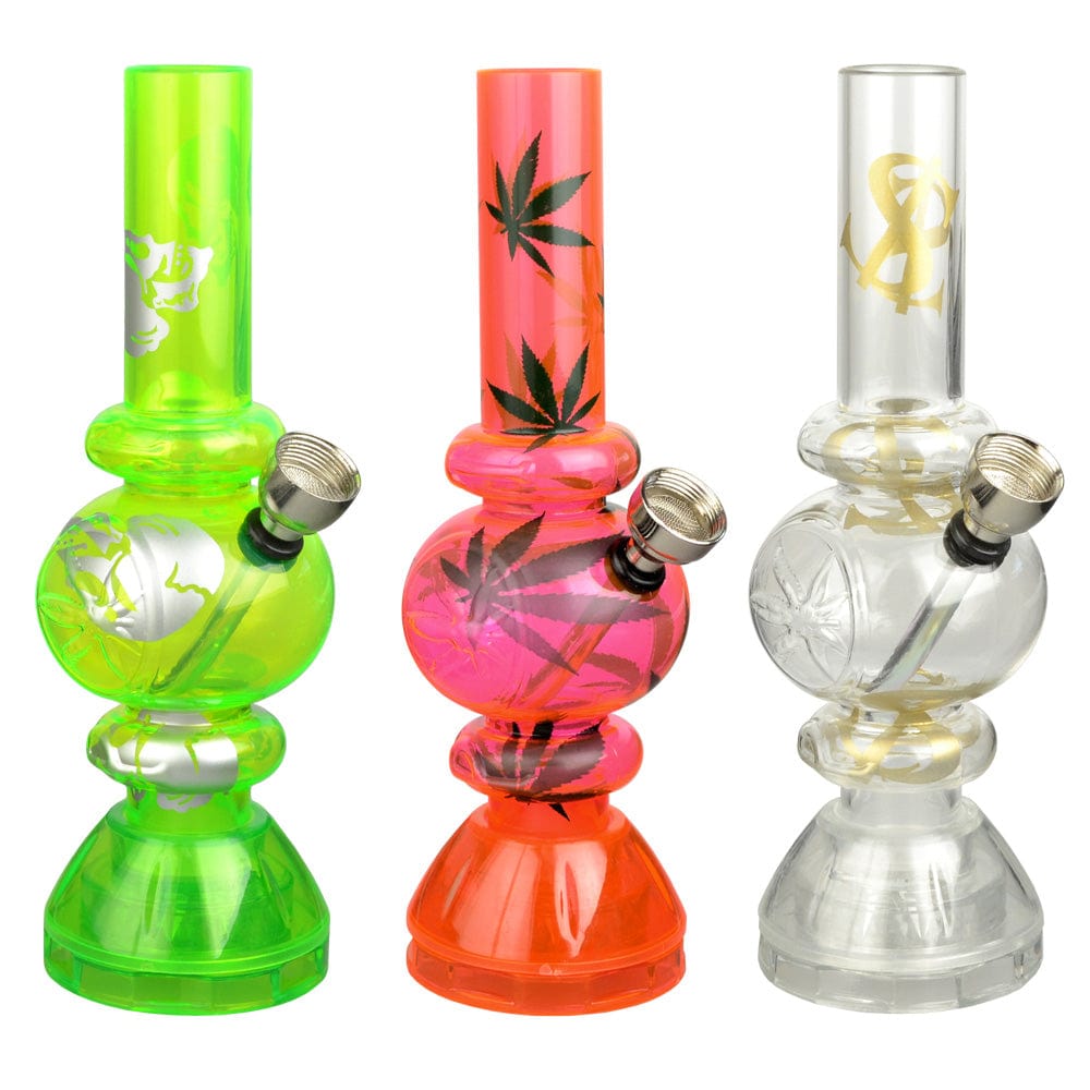 A front view of the Mini Acrylic Bubble Water Pipe w/ Built in Grinder Base - 6.75", showing assorted colorful acrylic pipes with bulbous bases.