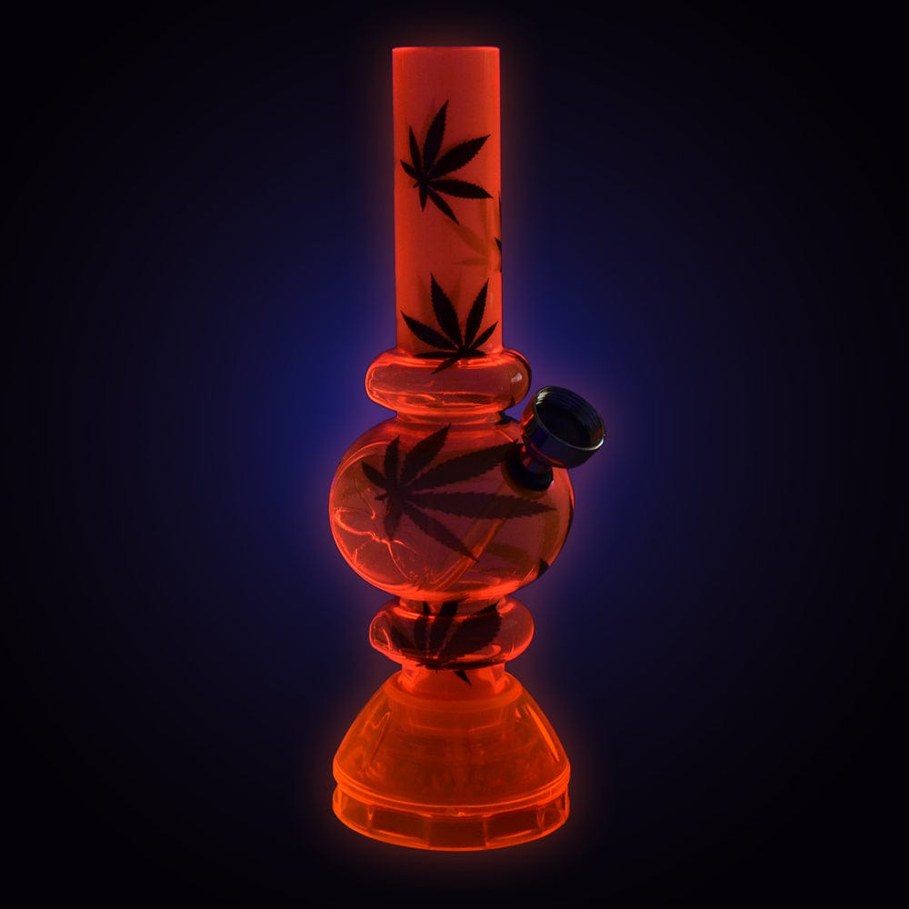 A front view of the 6.75” Mini Acrylic Bubble Water Pipe w/ Built in Grinder Base, showcasing its clear red acrylic construction.