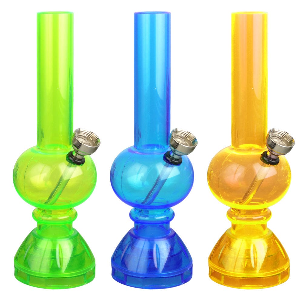 Front view of the 6.75” Mini Acrylic Water Pipe w/ Grinder Base, showcasing a vibrant colored acrylic pipe against a plain white background.