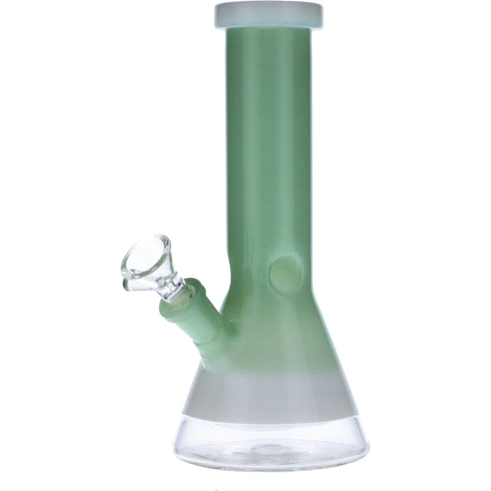 Front view of the Frosted Ring Mini Beaker, a light green glass piece with a rounded base and smooth, frosted finish.