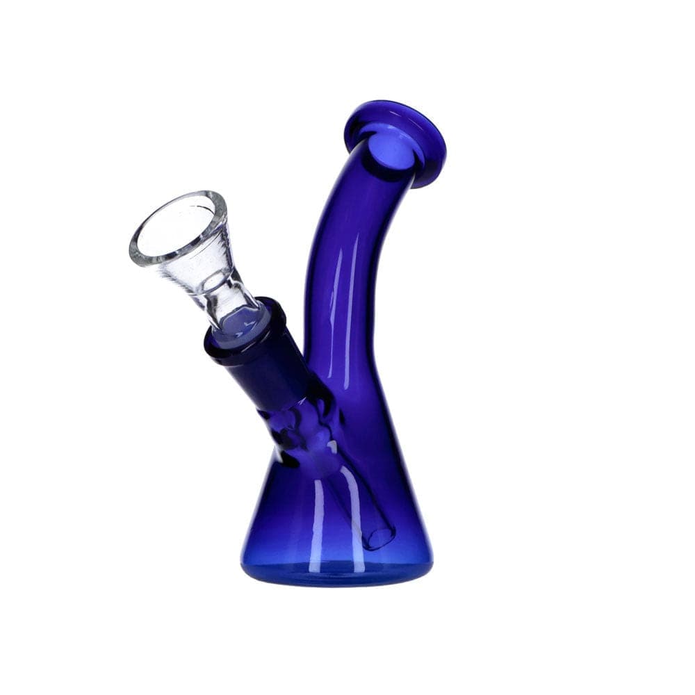 Front view of the 5" bent neck Everyday Essentials beaker water pipe, showcasing its blue glass construction and simple form.
