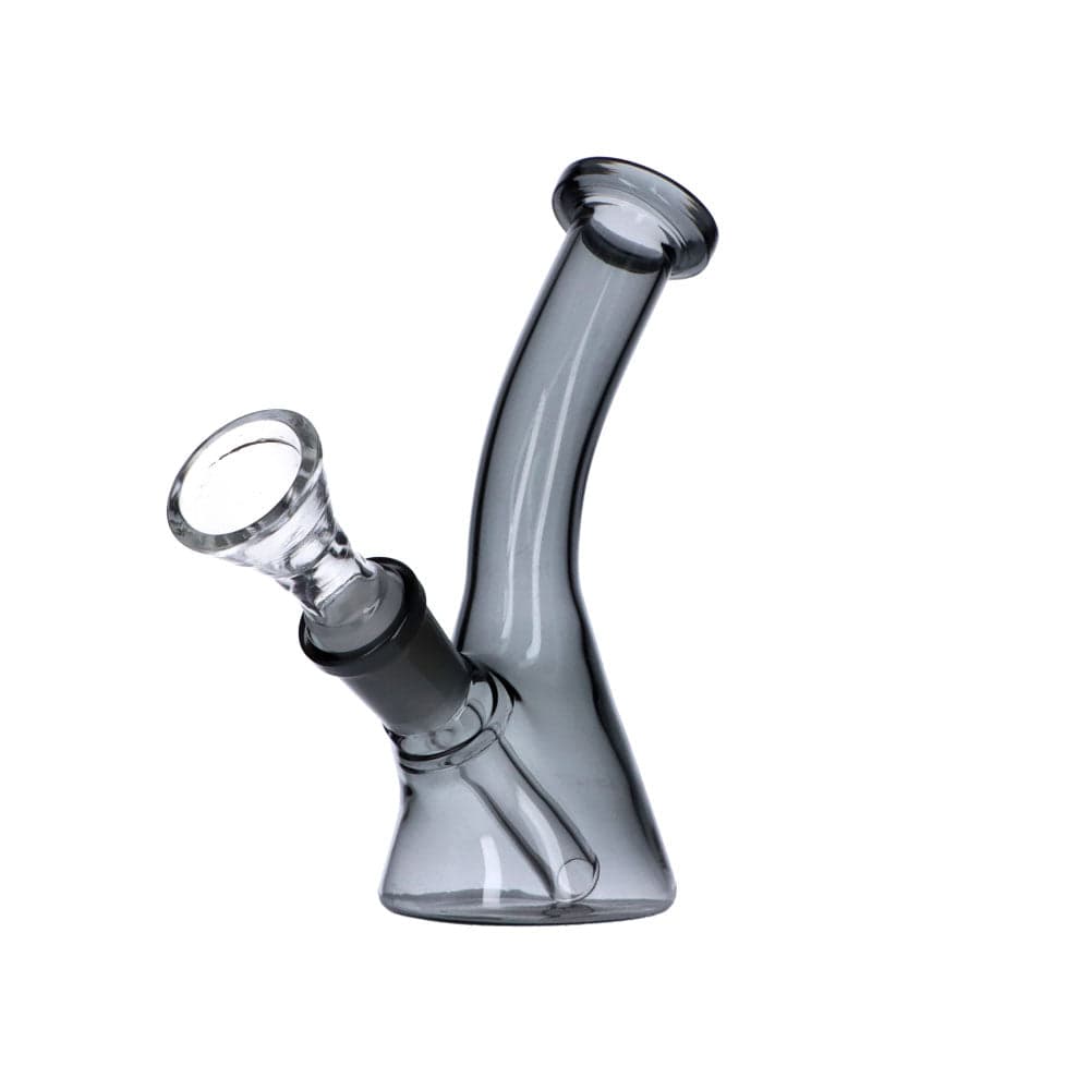 A three-quarter view of the 5" bent neck Everyday Essentials beaker water pipe, showing its clear glass construction.