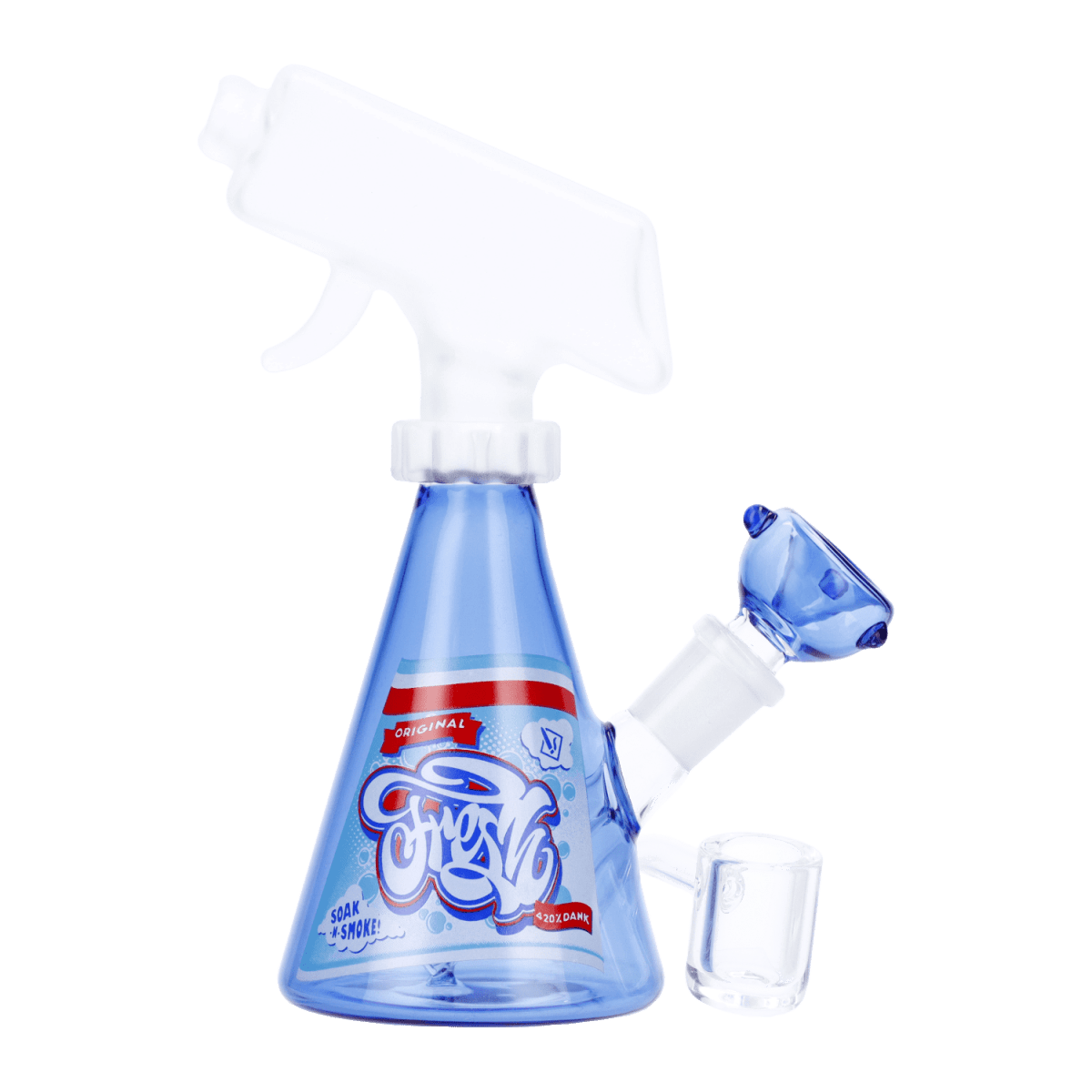 A studio shot of the Spray Bottle Bong, showcasing its clear glass construction and unique spray bottle shape.