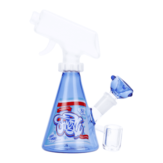 A studio shot of the Spray Bottle Bong, showcasing its clear glass construction and unique spray bottle shape.