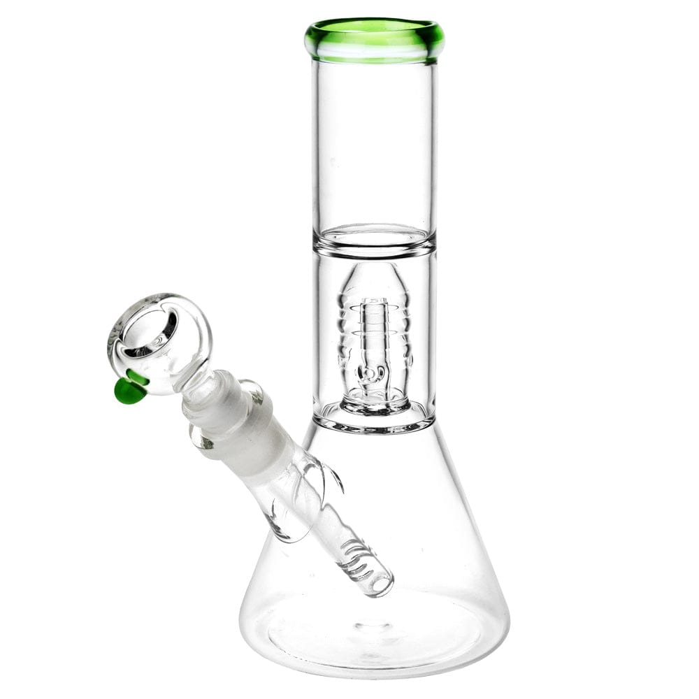 Front view of the Stacked Showerhead Perc Beaker Water Pipe, displaying a clear glass construction with a showerhead percolator visible inside.
