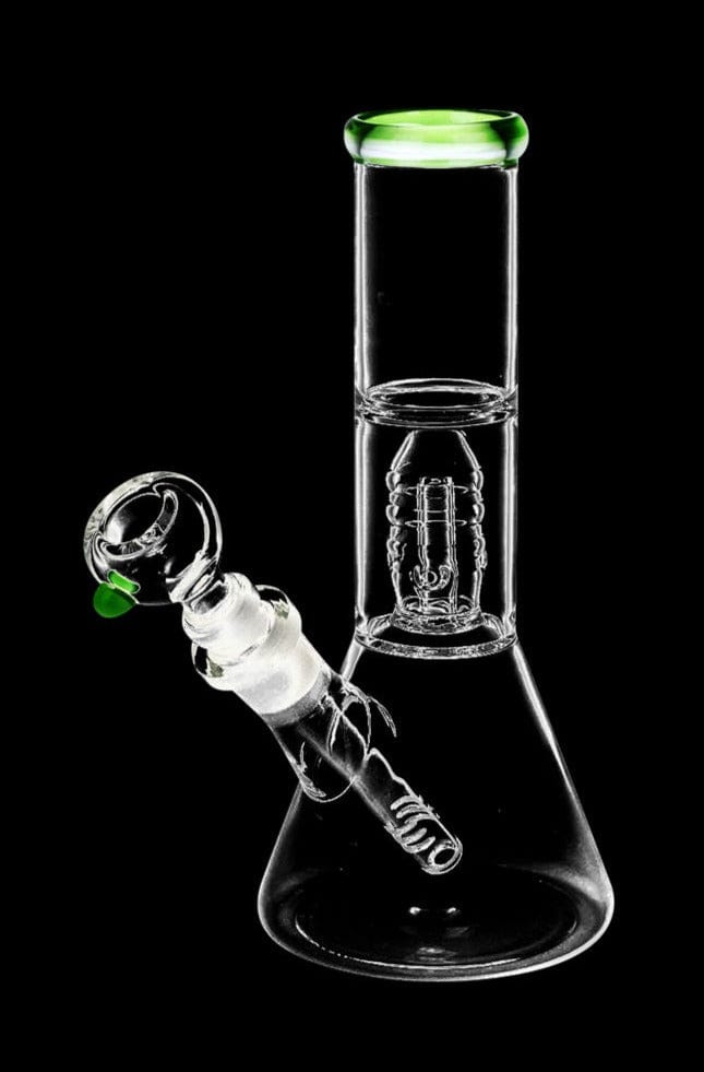 Front view of the Stacked Showerhead Perc Beaker Water Pipe, showcasing its clear glass construction and showerhead percolator detail.