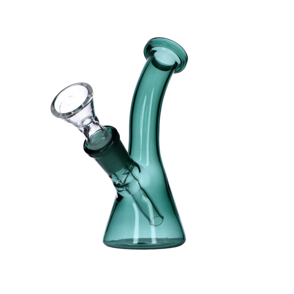 A front view of the 5" Everyday Essentials Bent Neck Beaker Water Pipe, showcasing its curved neck and clear glass construction.