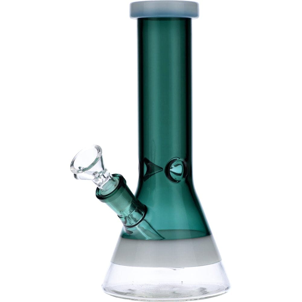 Front view of the Frosted Ring Mini Beaker, a translucent glass piece with a wide base and frosted ring near the top.
