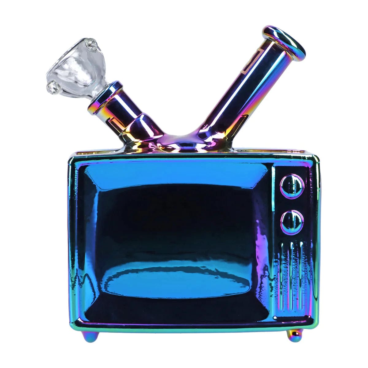 A front view of the DHC Originals TV Bong, showing its unique television-shaped design in dark glass.