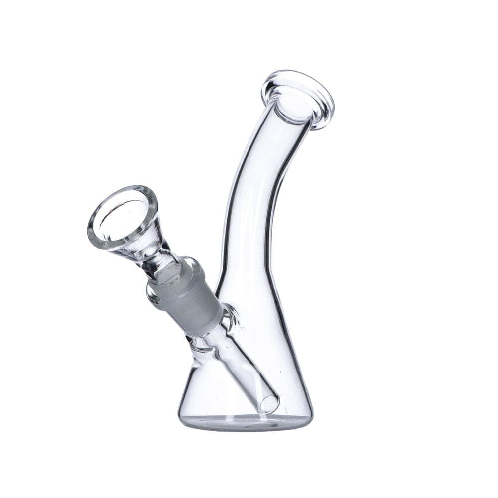 A front view of the 5" Everyday Essentials Bent Neck Beaker Water Pipe, highlighting its clear glass construction and curved neck.